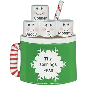 Personalized hot cocoa mug family of 4 ornament with four marshmallows and names