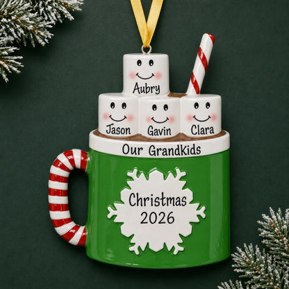 Personalized hot cocoa family of 4 christmas ornament on a dark green pine background