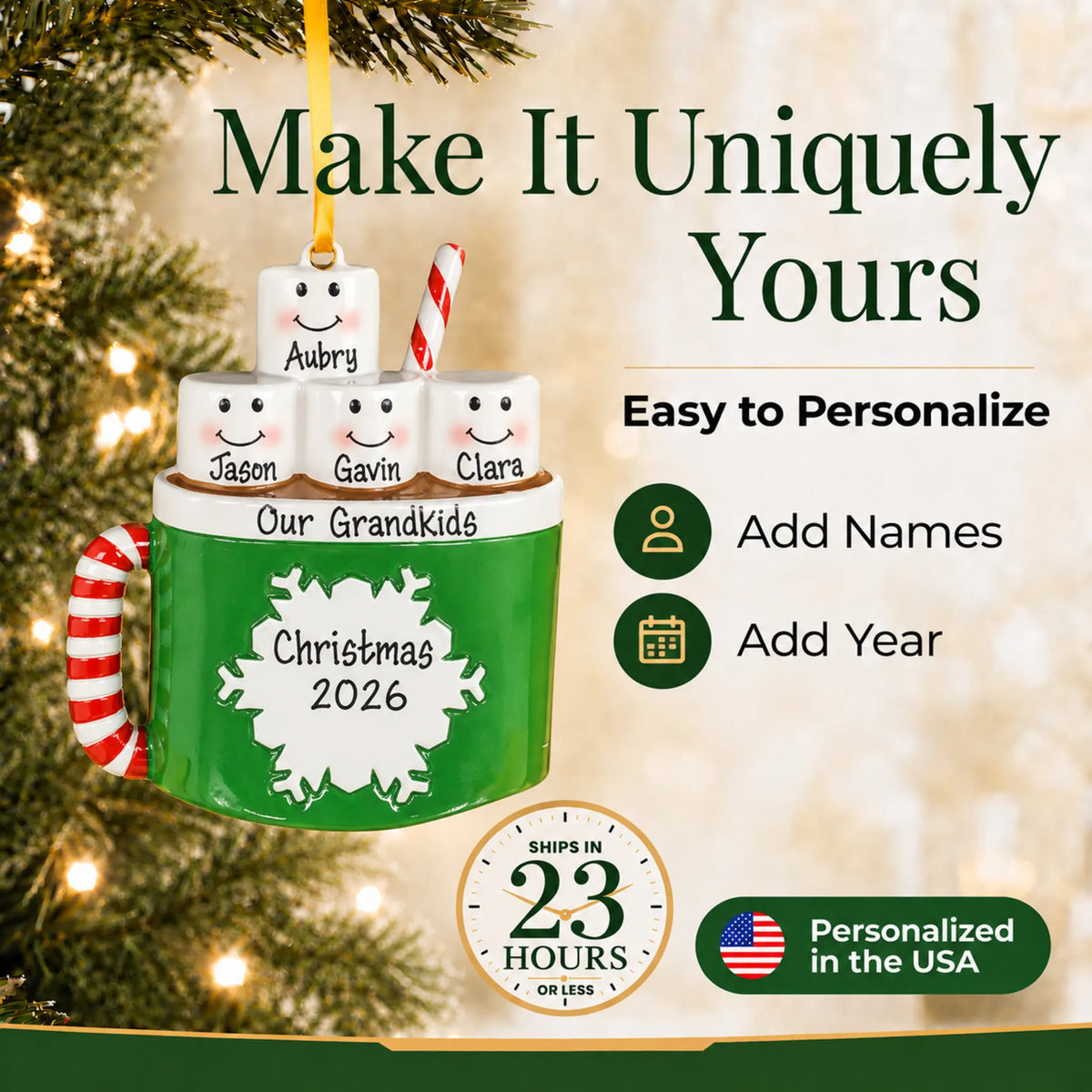 Make it yours: add names and year to the personalized hot cocoa family of 4 christmas ornament