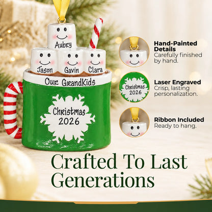 Hand-painted details and laser engraved personalization on the hot cocoa family of 4 christmas ornament, ribbon included