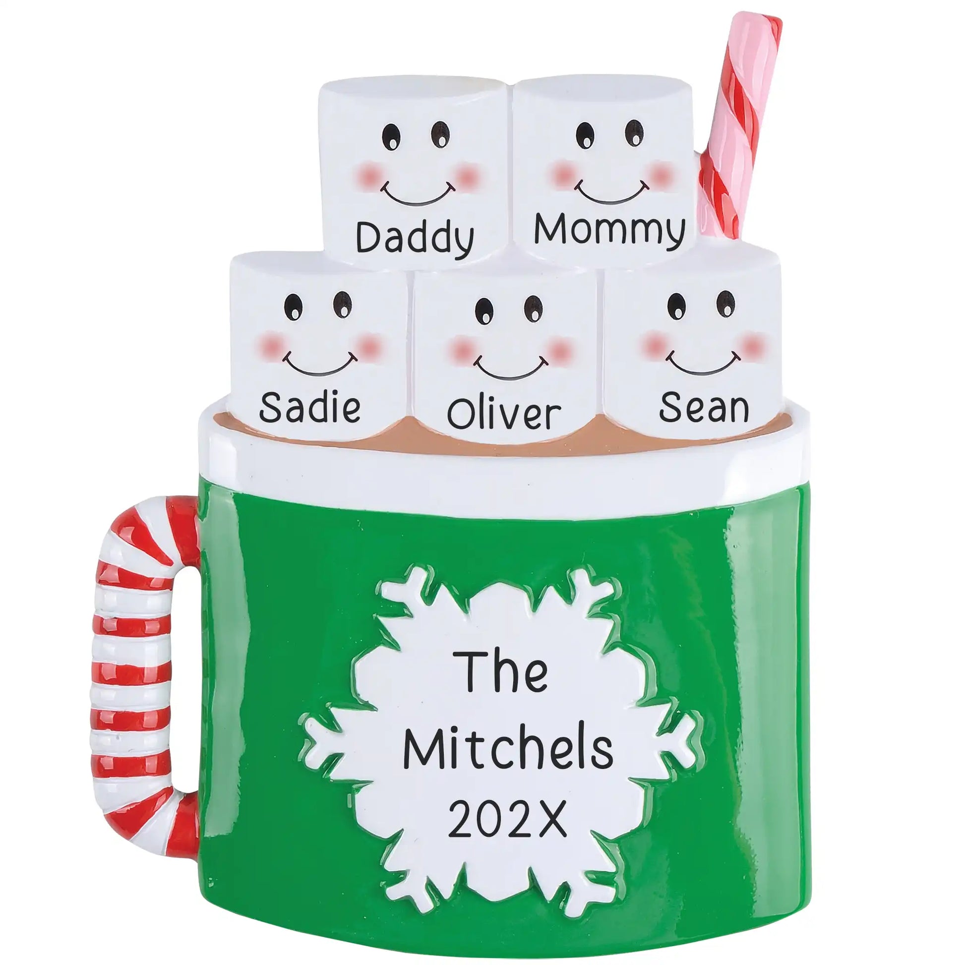 A personalized holiday ornament designed like a mug with 'The Mitchels Year' text and five small figures with names. It has a green color scheme with a candy cane handle and is engraved with smiling faces.