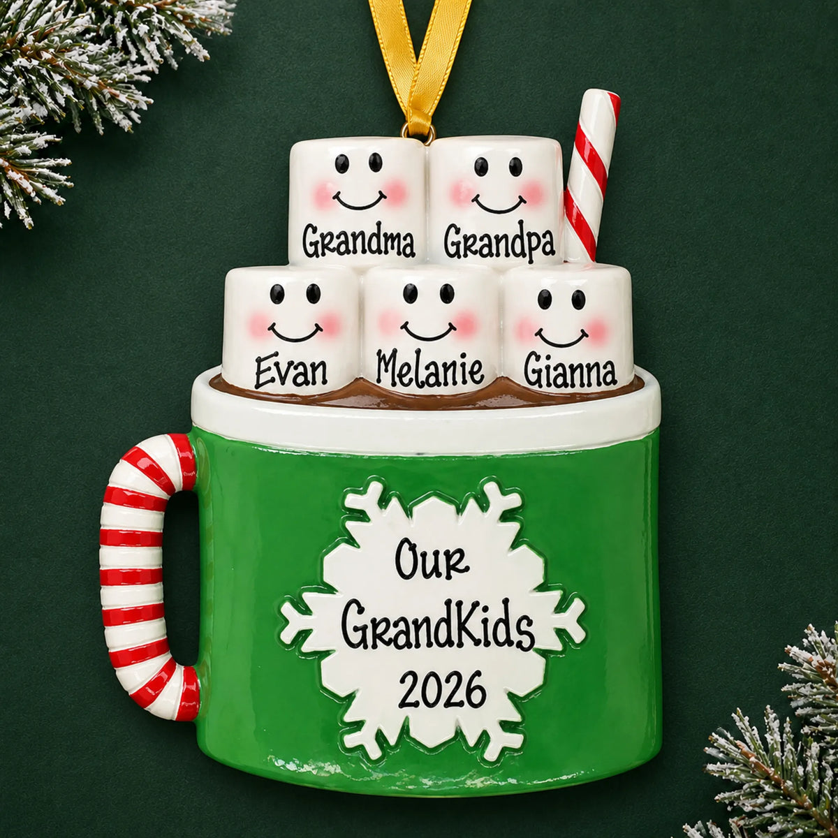 Personalized hot cocoa family of 5 christmas ornament on a dark green pine background