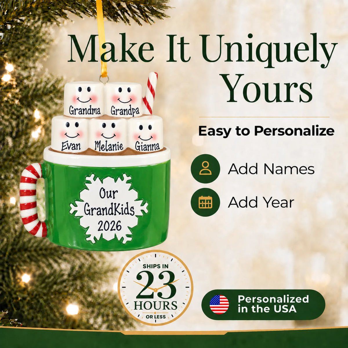 Make it yours: add names and year to the personalized hot cocoa family of 5 christmas ornament