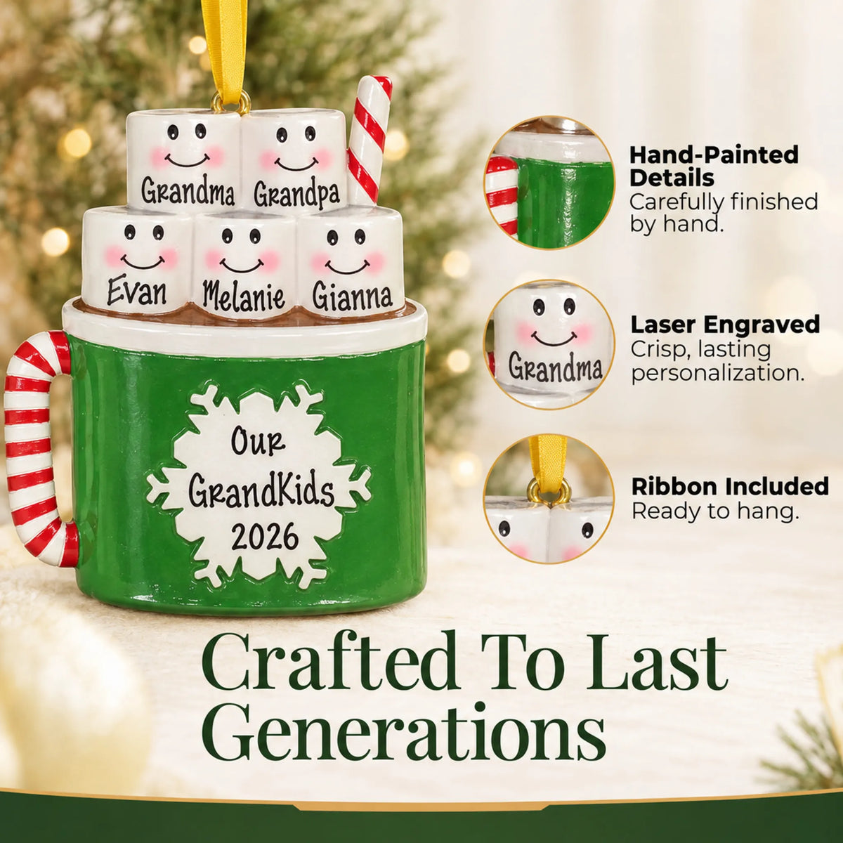 Hand-painted details and laser engraved personalization on the hot cocoa family of 5 christmas ornament, ribbon included