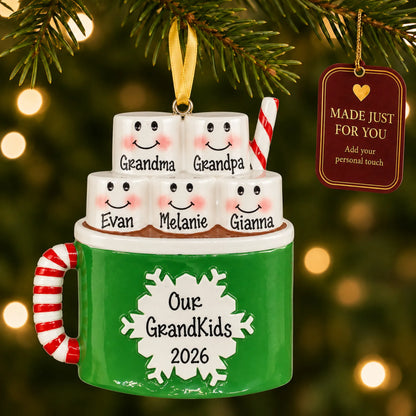 Hot cocoa family of 5 christmas ornament hanging on a lit Christmas tree with a Made Just For You gift tag