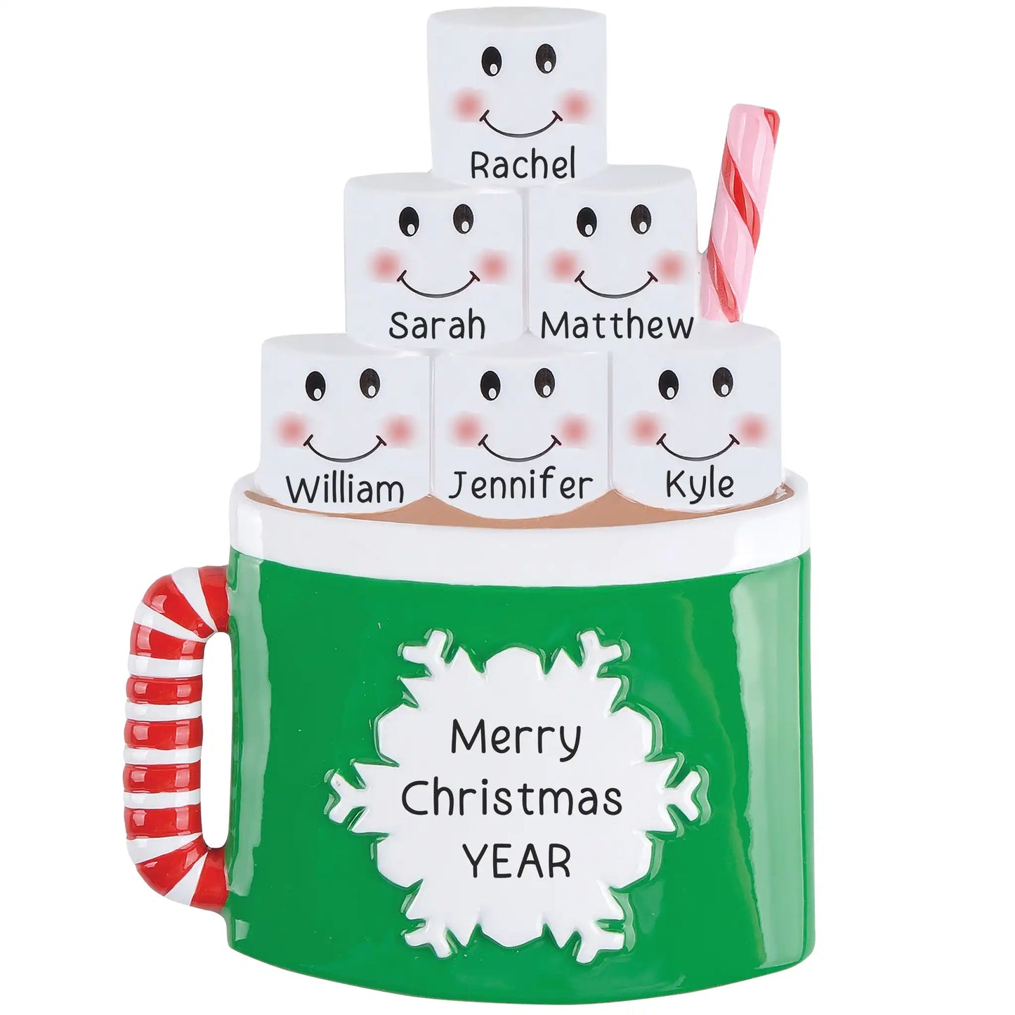 Green hot cocoa mug with candy cane handle and personalized name marshmallows on a white background