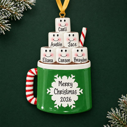 Personalized hot cocoa family of 6 christmas ornament on a dark green pine background