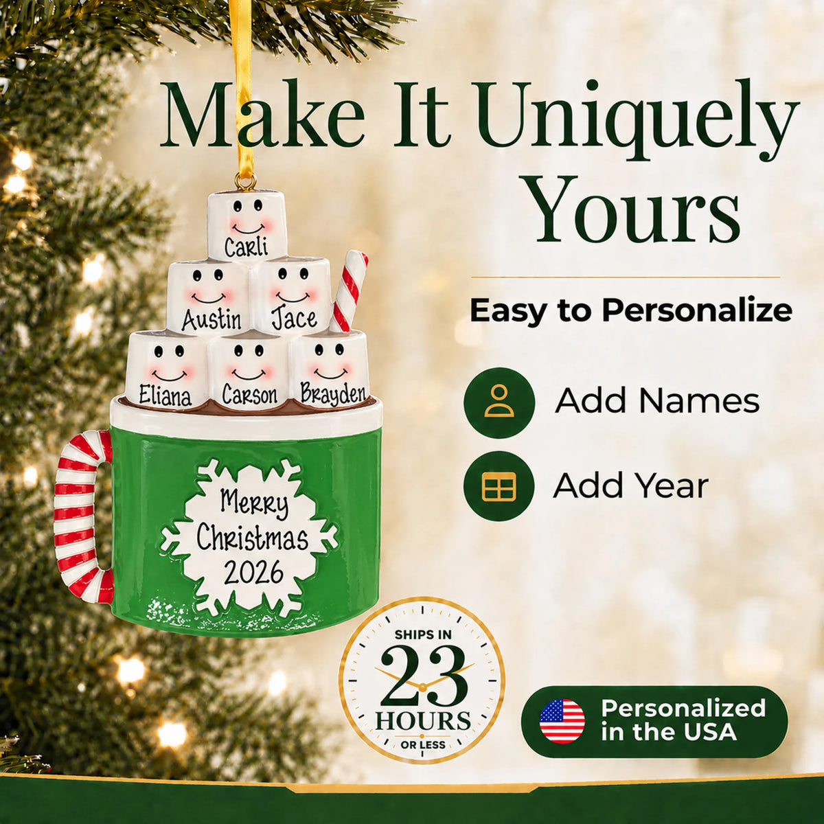 Make it yours: add names and year to the personalized hot cocoa family of 6 christmas ornament