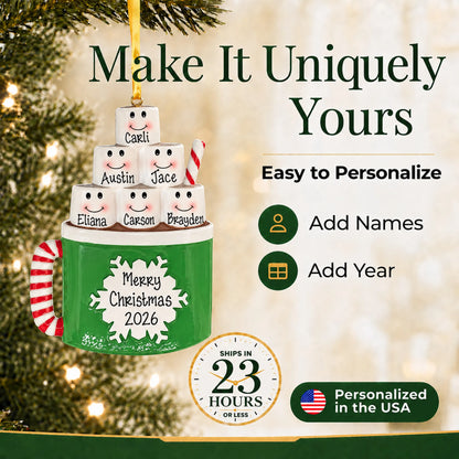 Make it yours: add names and year to the personalized hot cocoa family of 6 christmas ornament