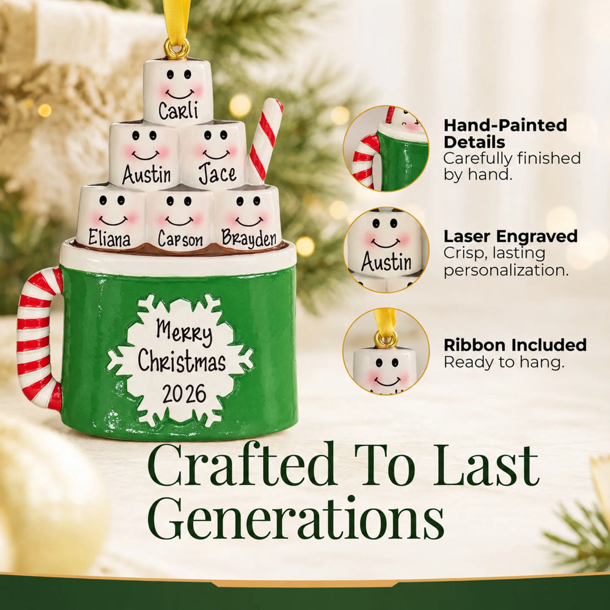 Hand-painted details and laser engraved personalization on the hot cocoa family of 6 christmas ornament, ribbon included