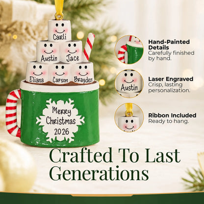 Hand-painted details and laser engraved personalization on the hot cocoa family of 6 christmas ornament, ribbon included