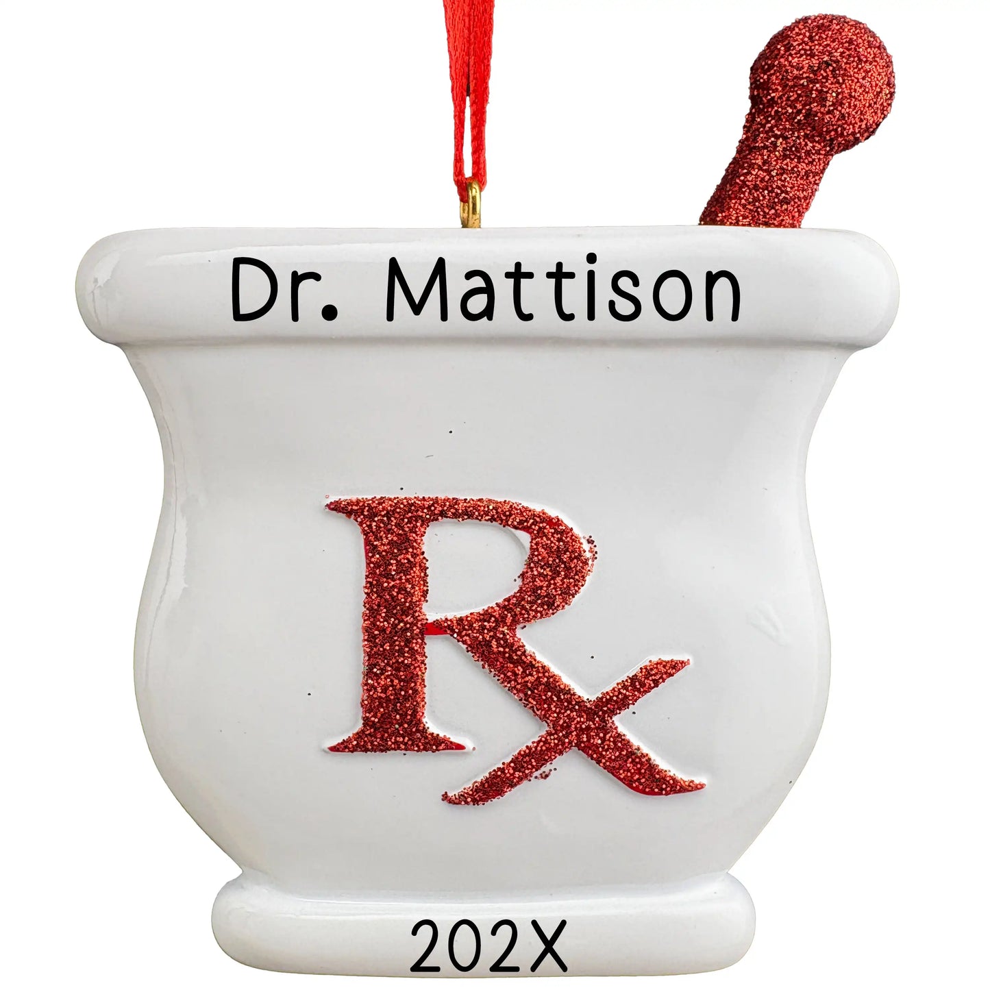 Personalized pharmacist RX Christmas ornament with the Rx symbol, custom name and year laser engraved