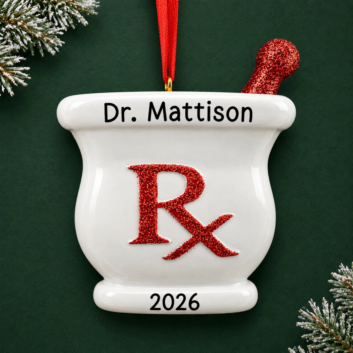Personalized pharmacist RX christmas ornament on a dark green pine background