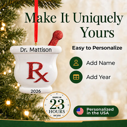 Make it yours: add name and year to the personalized pharmacist RX christmas ornament