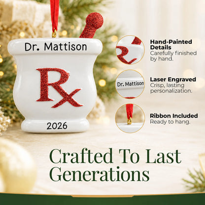 Hand-painted details and laser engraved personalization on the pharmacist RX christmas ornament, ribbon included
