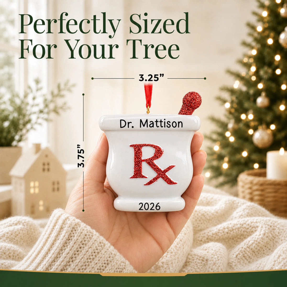 Size guide: the personalized pharmacist RX christmas ornament is 3.25 in wide by 3.75 in tall, shown in hand