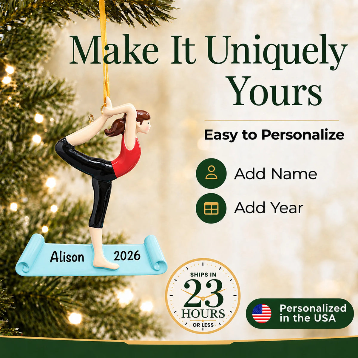 Make it yours: add name and year to the personalized yoga christmas ornament