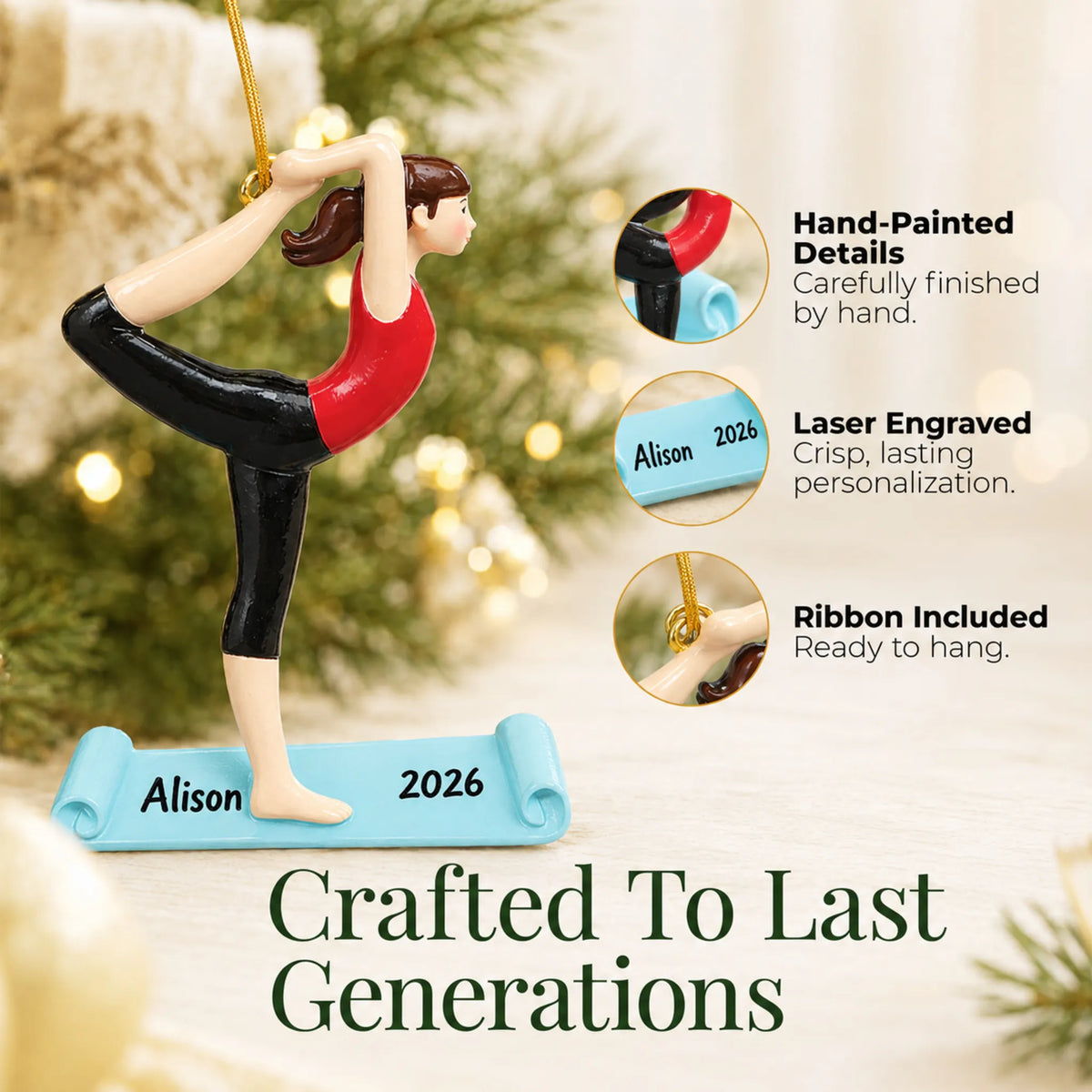 Hand-painted details and laser engraved personalization on the yoga christmas ornament, ribbon included