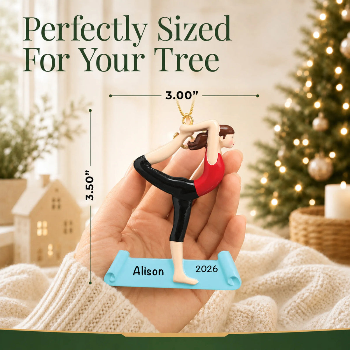 Size guide: the personalized yoga christmas ornament is 3.00 in wide by 3.50 in tall, shown in hand