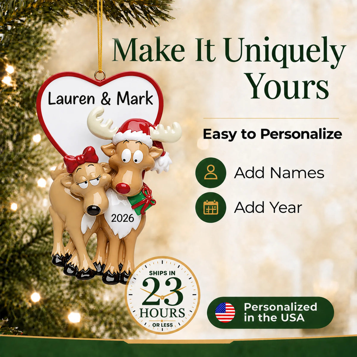 Make it yours: add names to the personalized reindeer couple christmas ornament