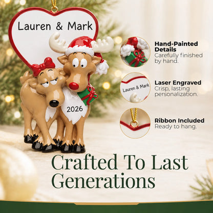 Hand-painted details and laser engraved personalization on the reindeer couple christmas ornament, ribbon included