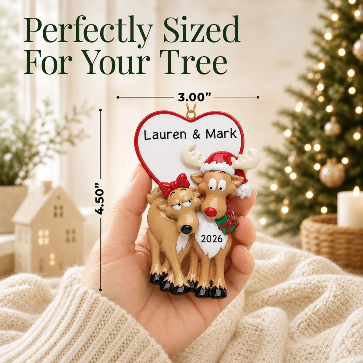 Size guide: the personalized reindeer couple christmas ornament is 3.00 in wide by 4.50 in tall, shown in hand