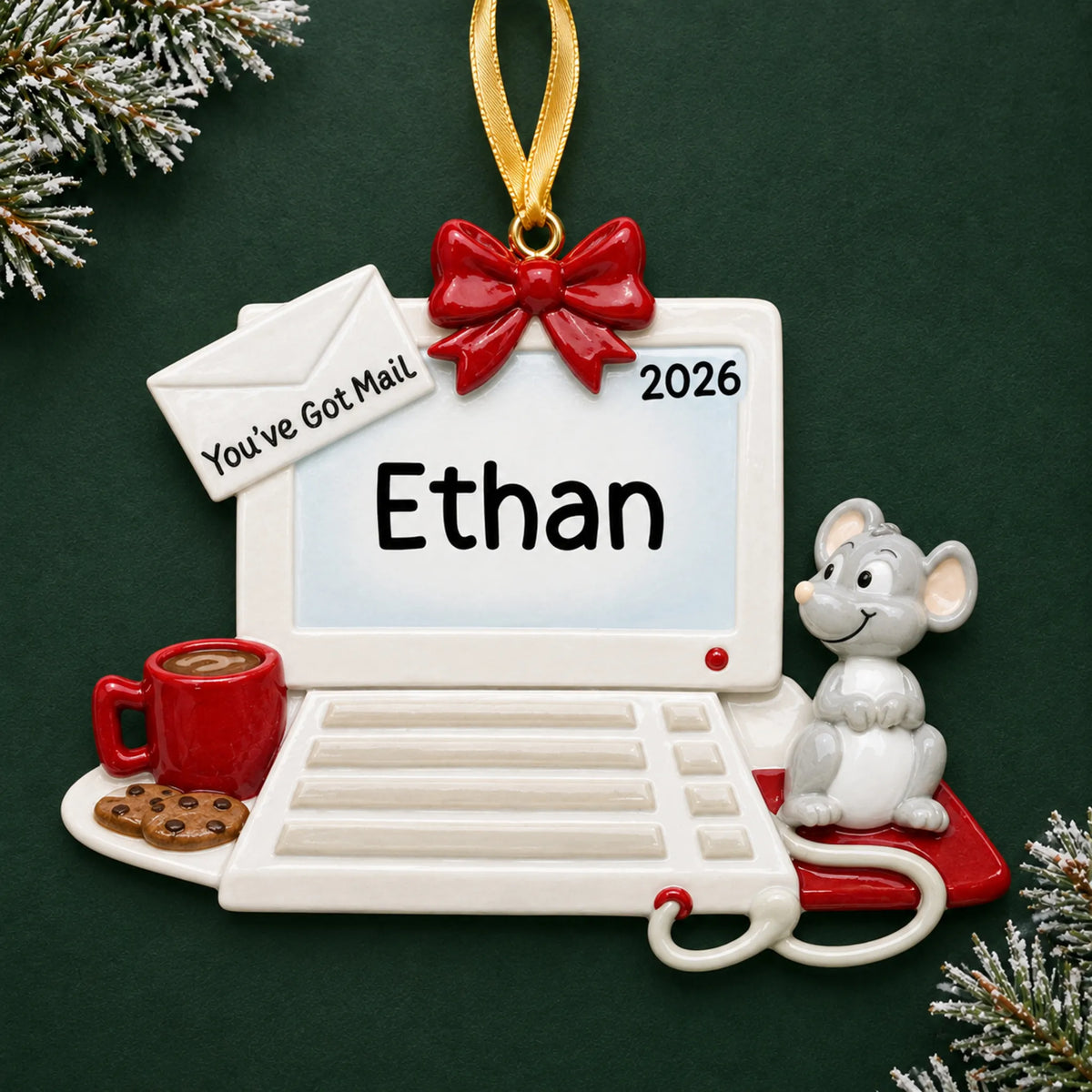 Personalized computer and mouse christmas ornament on a dark green pine background