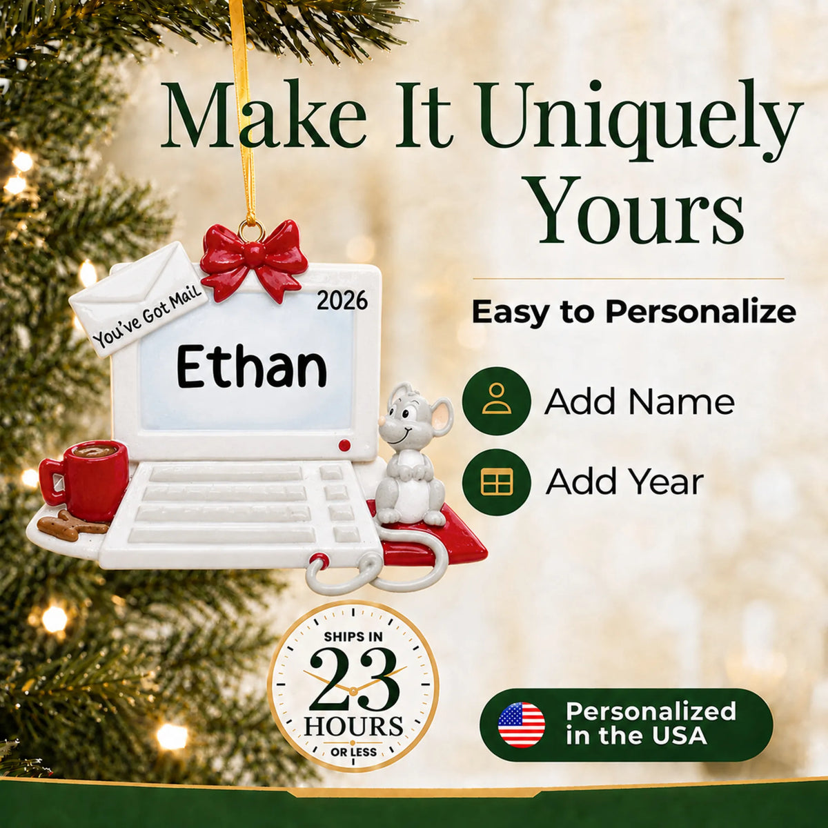 Make it yours: add name and year to the personalized computer and mouse christmas ornament