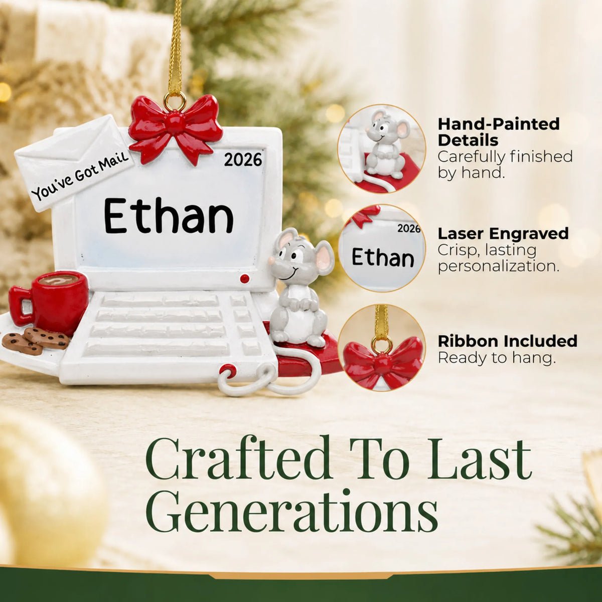 Hand-painted details and laser engraved personalization on the computer and mouse christmas ornament, ribbon included