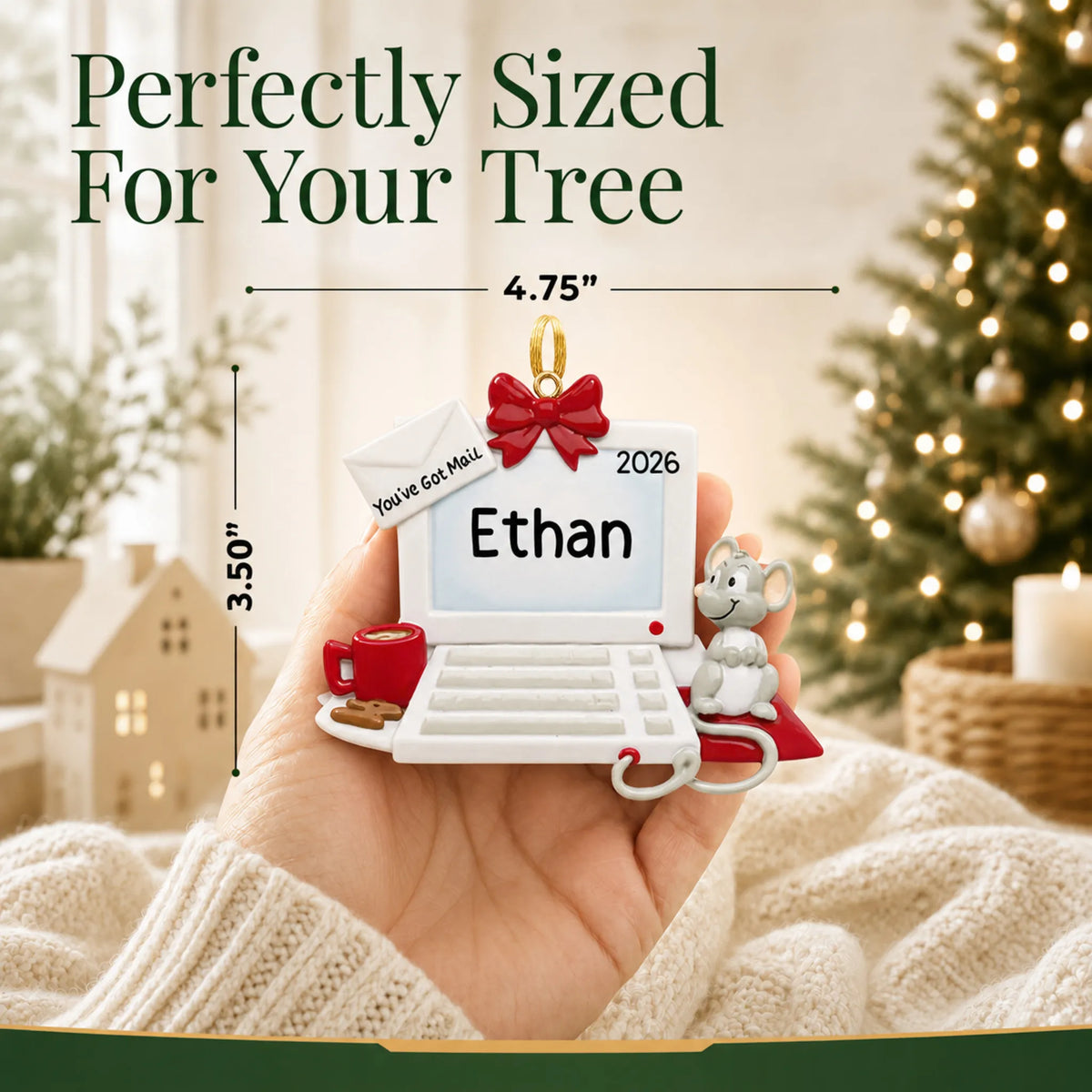 Size guide: the personalized computer and mouse christmas ornament is 4.75 in wide by 3.50 in tall, shown in hand