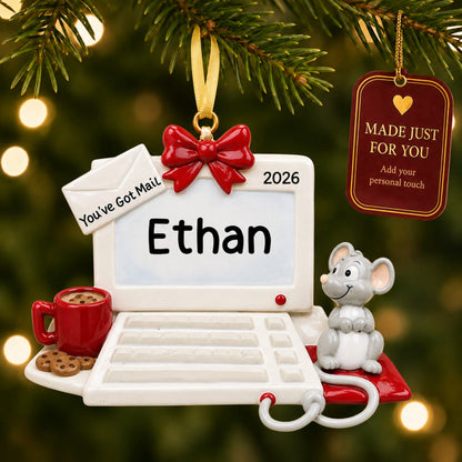 Computer and mouse christmas ornament hanging on a lit Christmas tree with a Made Just For You gift tag