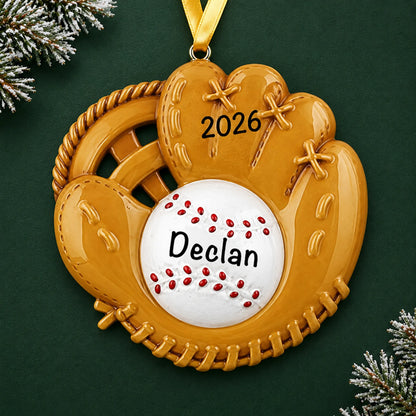Personalized baseball catcher's mitt christmas ornament on a dark green pine background