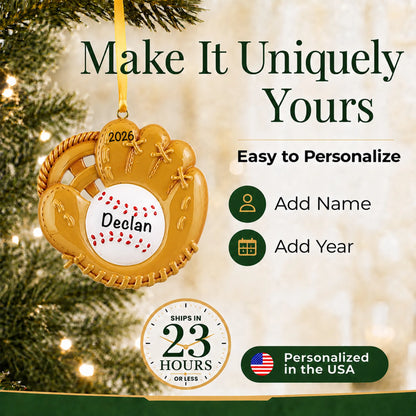 Make it yours: add name and year to the personalized baseball catcher's mitt christmas ornament