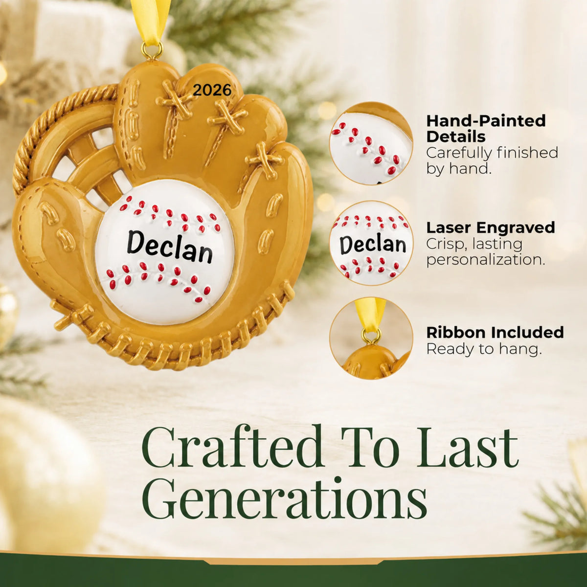Hand-painted details and laser engraved personalization on the baseball catcher's mitt christmas ornament, ribbon included
