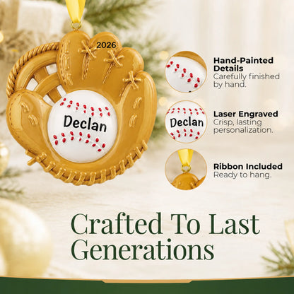 Hand-painted details and laser engraved personalization on the baseball catcher's mitt christmas ornament, ribbon included