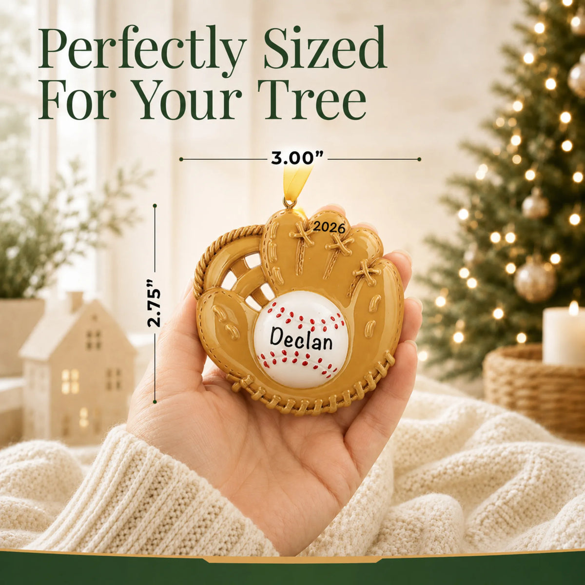 Size guide: the personalized baseball catcher's mitt christmas ornament is 2.50 in wide by 3.50 in tall, shown in hand