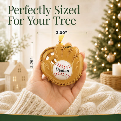 Size guide: the personalized baseball catcher's mitt christmas ornament is 2.50 in wide by 3.50 in tall, shown in hand