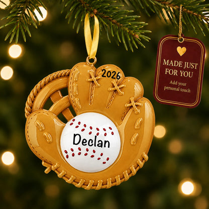 Baseball catcher's mitt christmas ornament hanging on a lit Christmas tree with a Made Just For You gift tag