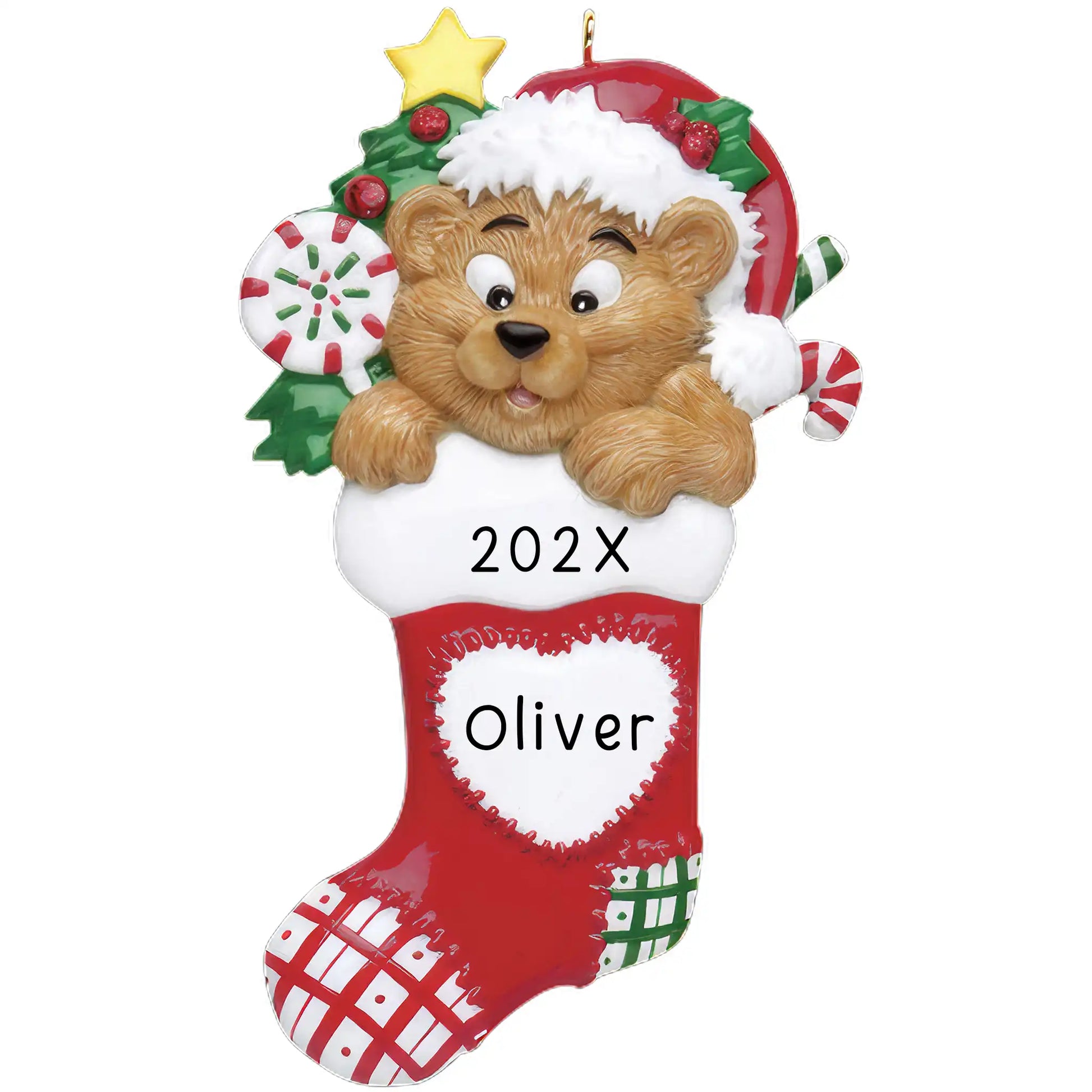 A personalized Christmas ornament featuring a cartoon bear wearing a Santa hat and holding a stocking with a name and year written on it.
