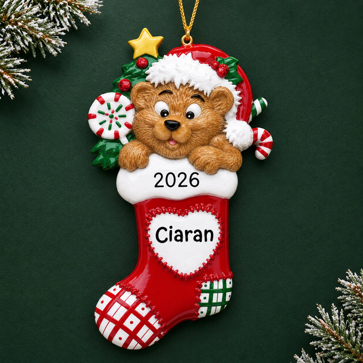 Personalized Bear Stocking christmas ornament on a dark green pine background