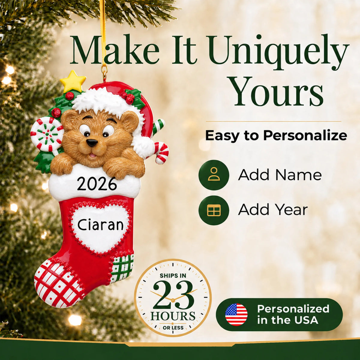 Make it yours: personalize the Bear Stocking christmas ornament with a name and the year