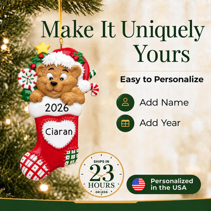 Make it yours: personalize the Bear Stocking christmas ornament with a name and the year