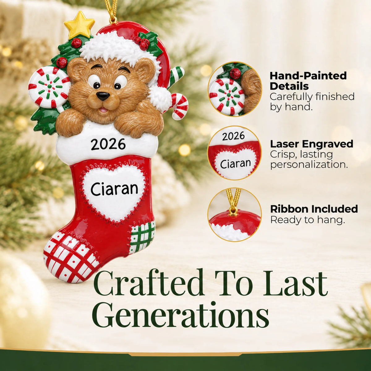 Hand-painted, laser engraved Bear Stocking christmas ornament, ribbon included