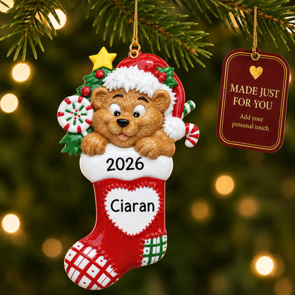 Bear Stocking christmas ornament hanging on a lit Christmas tree with a Made Just For You gift tag
