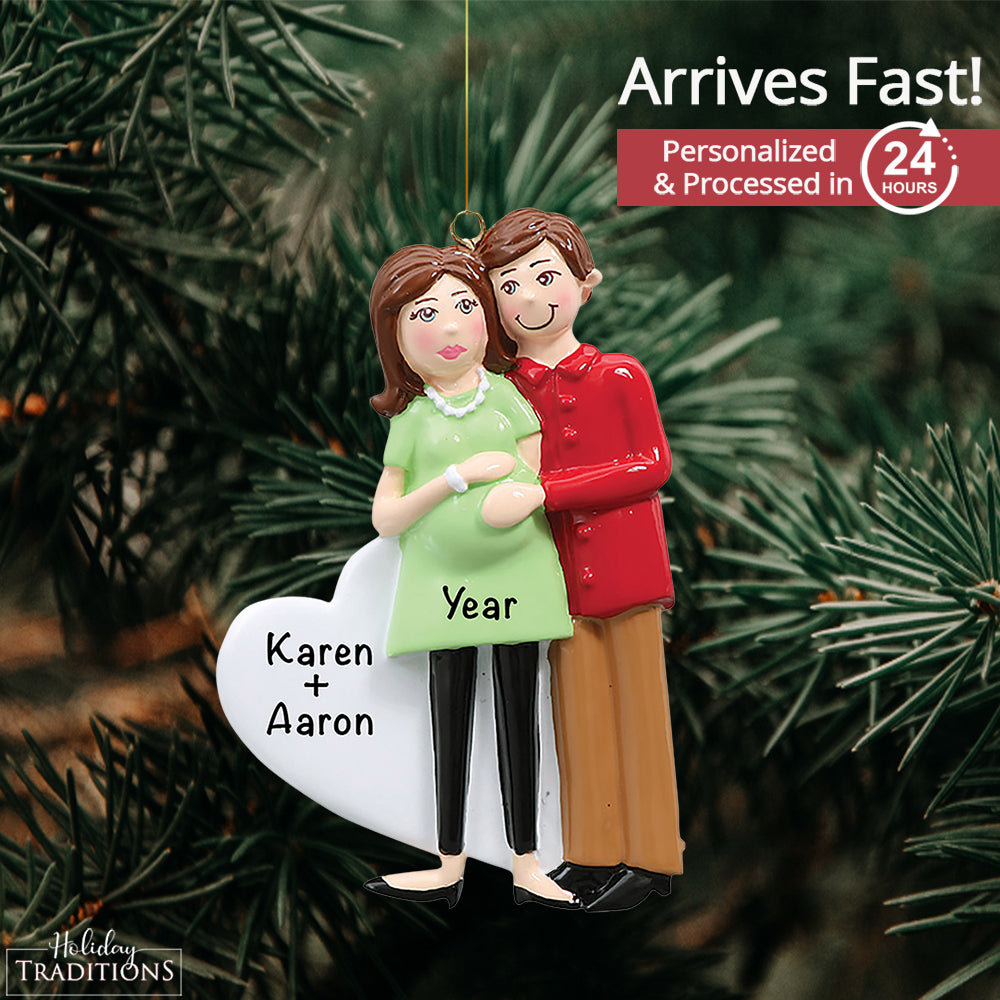 Pregnant Couple With Green Dress Christmas Ornament