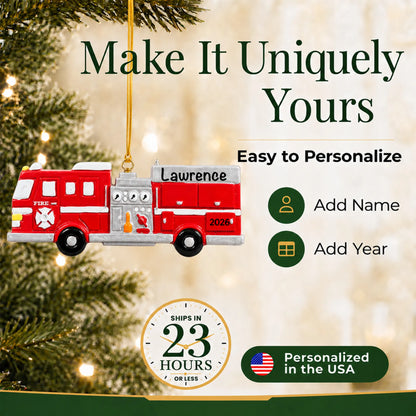 Make it yours: add name and year to the personalized fire engine christmas ornament