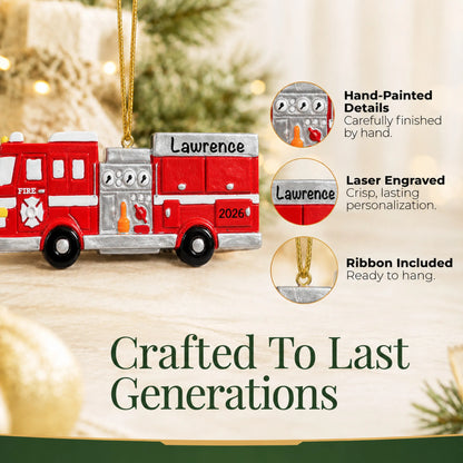 Hand-painted details and laser engraved personalization on the fire engine christmas ornament, ribbon included