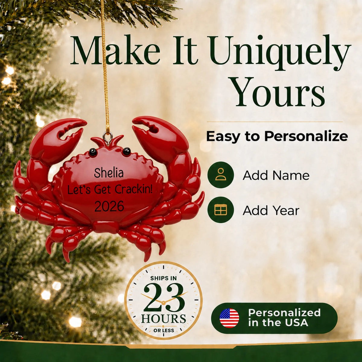 Make it yours: add a name and year to the personalized crab christmas ornament