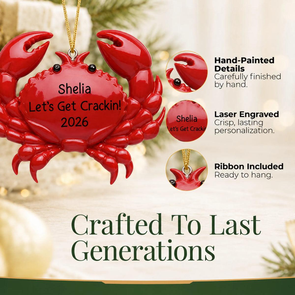 Hand-painted details and laser engraved personalization on the crab christmas ornament, ribbon included