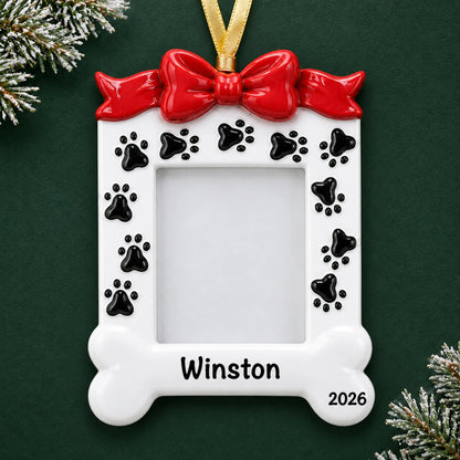 Personalized Dog Photo Frame christmas ornament on a dark green pine background